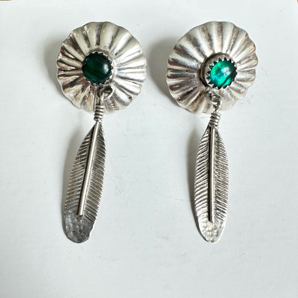 Vintage Native American Navajo Sterling Silver Turquoise Feather Earrings